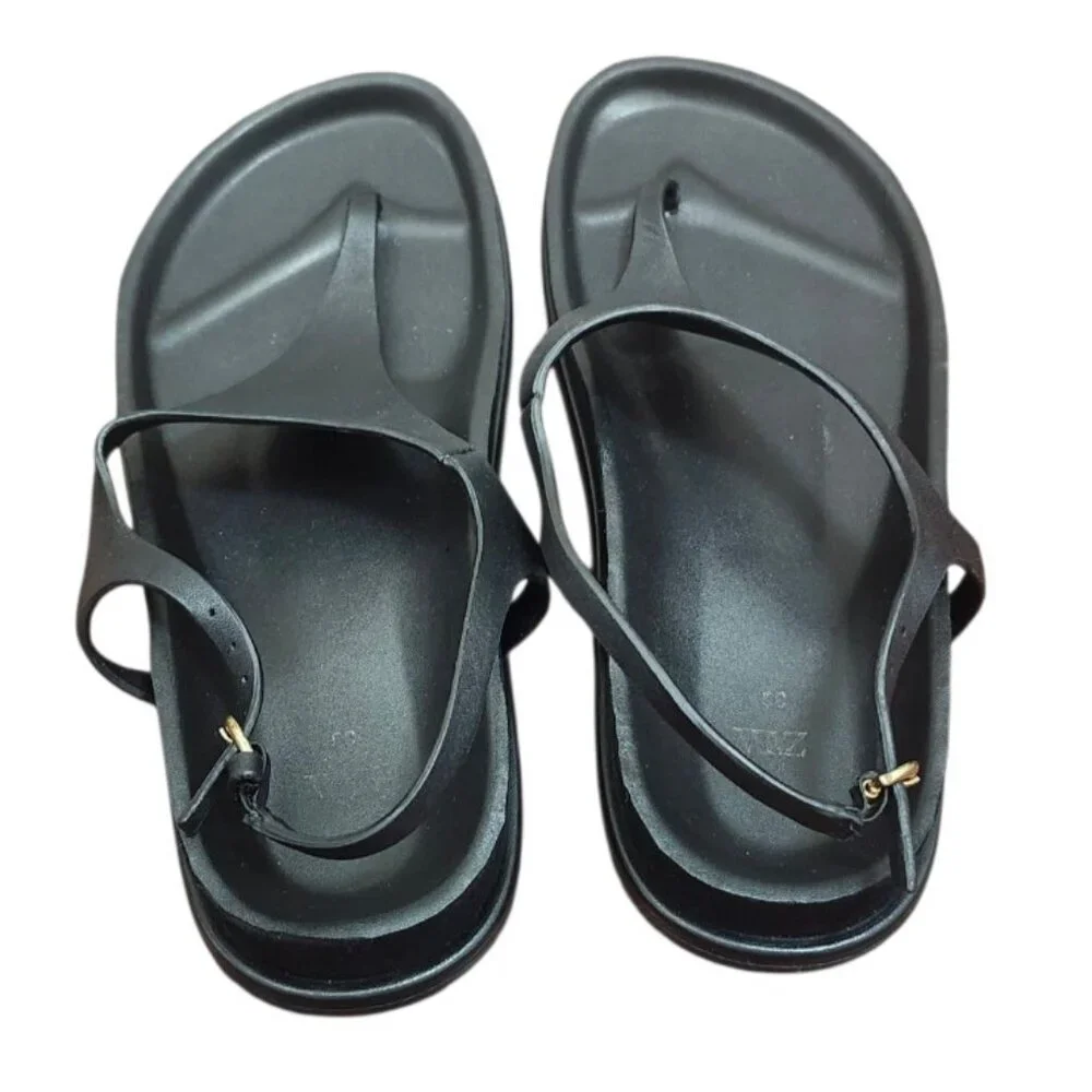 ZARA Women Black Minimalist Slingback Thong Sandals Size 36 Slip-On Flat Summer - Picture 6 of 11